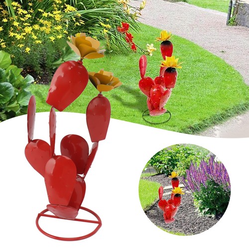 (Red)Metal Prickly Pear Cactus With Flowers Iron Rustic Cactus Statue New - Picture 4 of 12