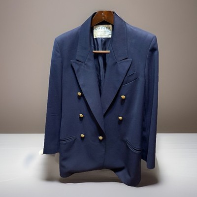 Vintage JAEGER London Navy Wool Double Breasted Blazer Jacket Coat UK 6 US 4