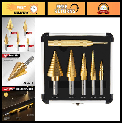 6-Pc High-Speed Steel Step Drill Bit Set with Center Punch, 50 Sizes, DIY Tool
