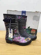 Joules Women's Molly Welly Mid Rain Boot Size US Size 9 Navy Floral Stripe