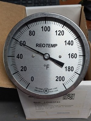 REOTEMP JJ0401F43 Adjustable Angle Bimetal Thermometer, 5'' dial, 0 to 200°F
