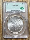 1924 Peace dollar, CACG MS64+ PQ satin smooth original White Coin.  SKN 0684.