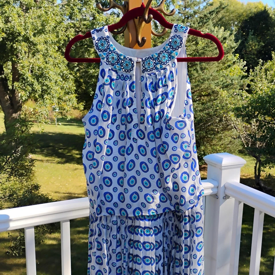 NAZILA COUTURE siz L Blue Evil Eye Maxi Dress Mirror Bead Embroidery Boho India - Image 4 of 4