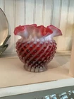FENTON CRANBERRY HOBNAIL OPALESCENT VASE SPIRAL OPTIC CRIMPED 4 1/4" 2000 95TH