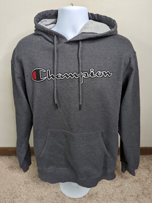 Champion Hoodie Sweatshirt Mens Large Spelled Out Logo Gray