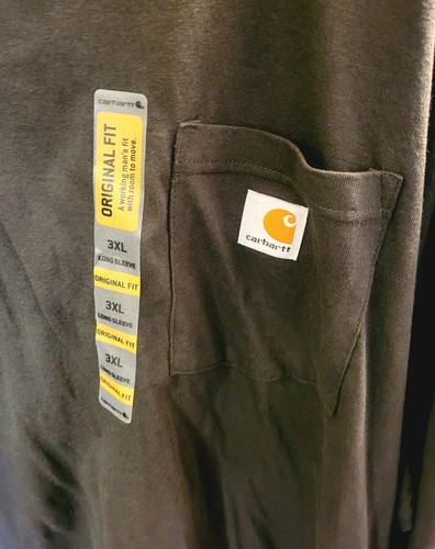 T-shirt Carhartt Original Fit nuova con etichetta manica lunga tasca taglia 3XL verde oliva - Foto 2 di 6