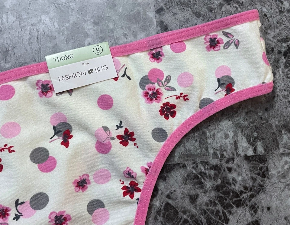 NUEVO CON ETIQUETAS FASHION BUG 9 BLANCO ROSA GRIS LUNARES FLORAL VINTAGE RARO TANGA BRAGAS Foto 2 de 4