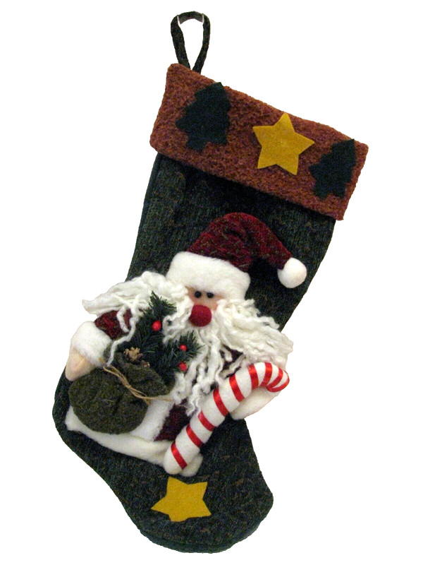 Vintage Christmas stocking with Santa and his bag of goodies Stars on top