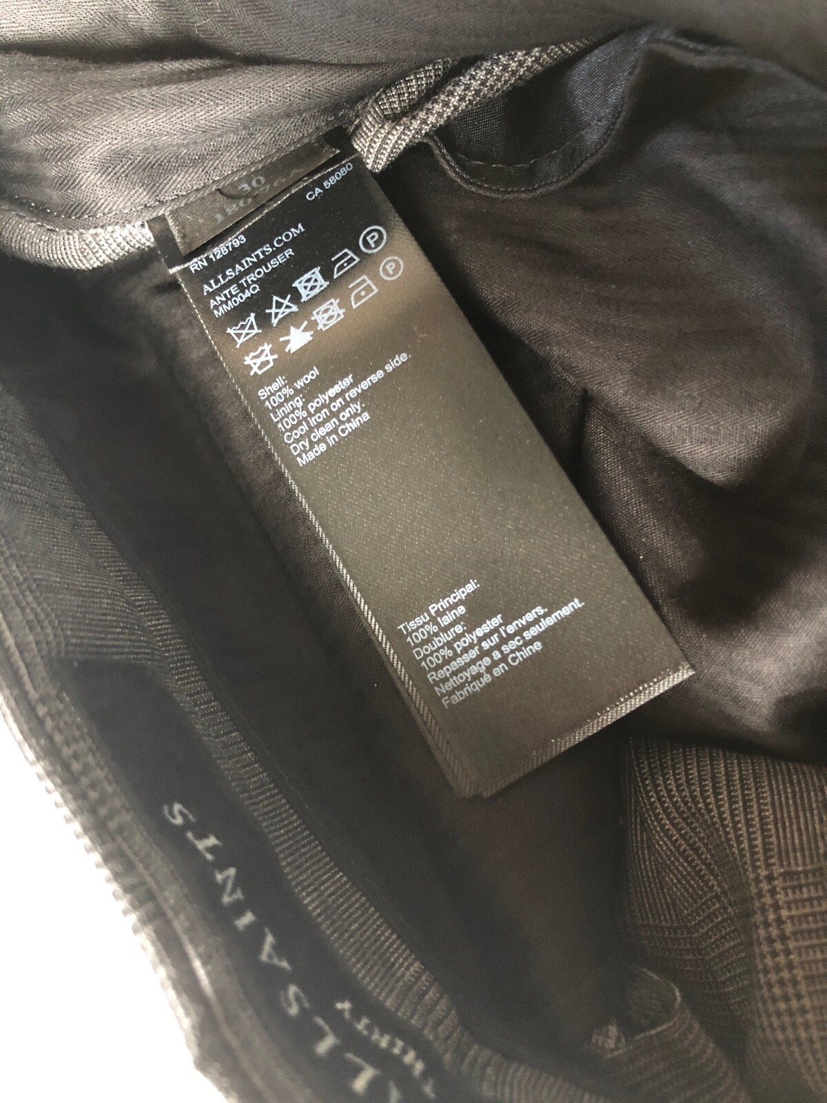 ALL SAINTS MEN'S GREY "ANTE" WOOL CHECK TROUSERS PANTS 30" NEW