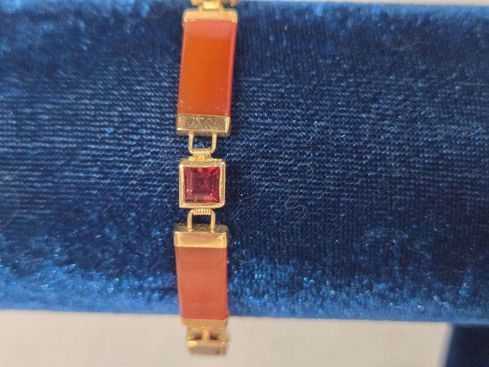Brazalete De Colección Oro 14k Naranja Jade y Naranja Granate Piedras Preciosas Barra Eslabón 9.3g 7.5"" Foto 3 de 4