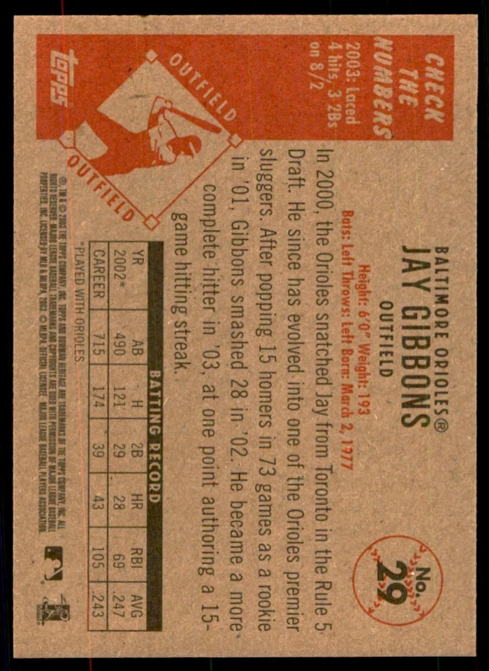 2003 BOWMAN HERITAGE JAY GIBBONS BALTIMORE ORIOLES #29 - Image 2 of 2