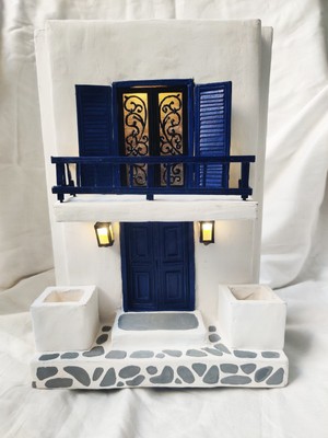 Vintage Plaster Hand Made & Painted Wall Art  Greek Ceramic Blue Door Planter 