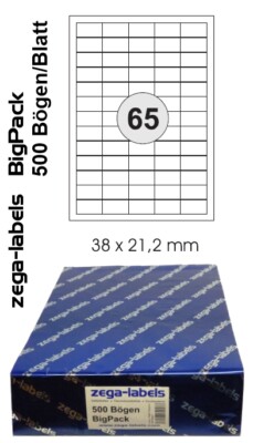 32.500 Etiketten 38 x 21,2 mm auf 500 DIN A4 Bögen (5x13 Etiketten) Laser/Inkjet
