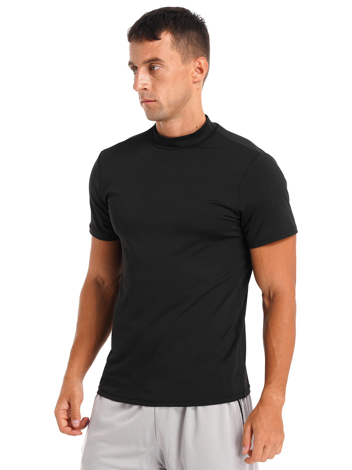 Mens Mock Neck Short Sleeve Tshirt Casual Undershirt Slim Fit Basic