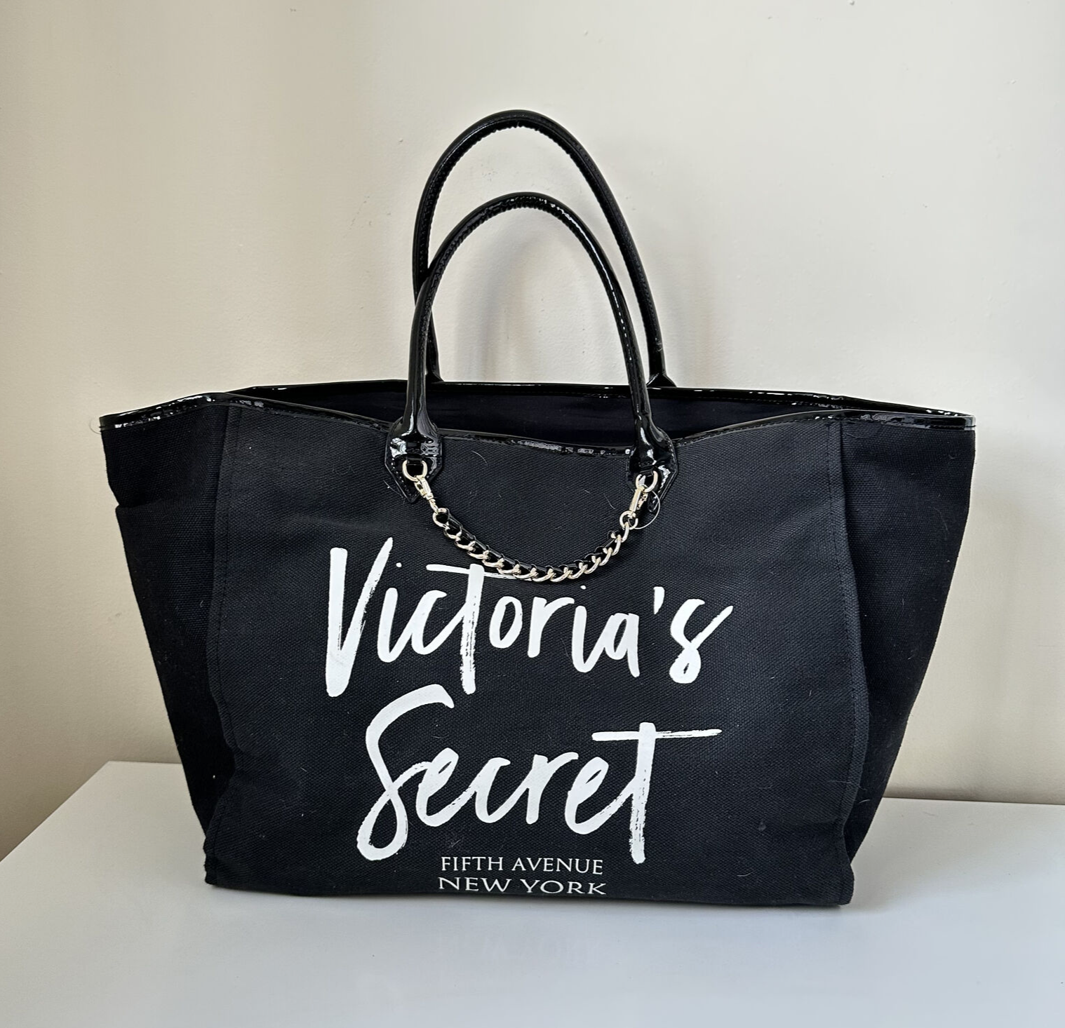Victoria Secret script logo cursive black large bag tote purse luggage canvas