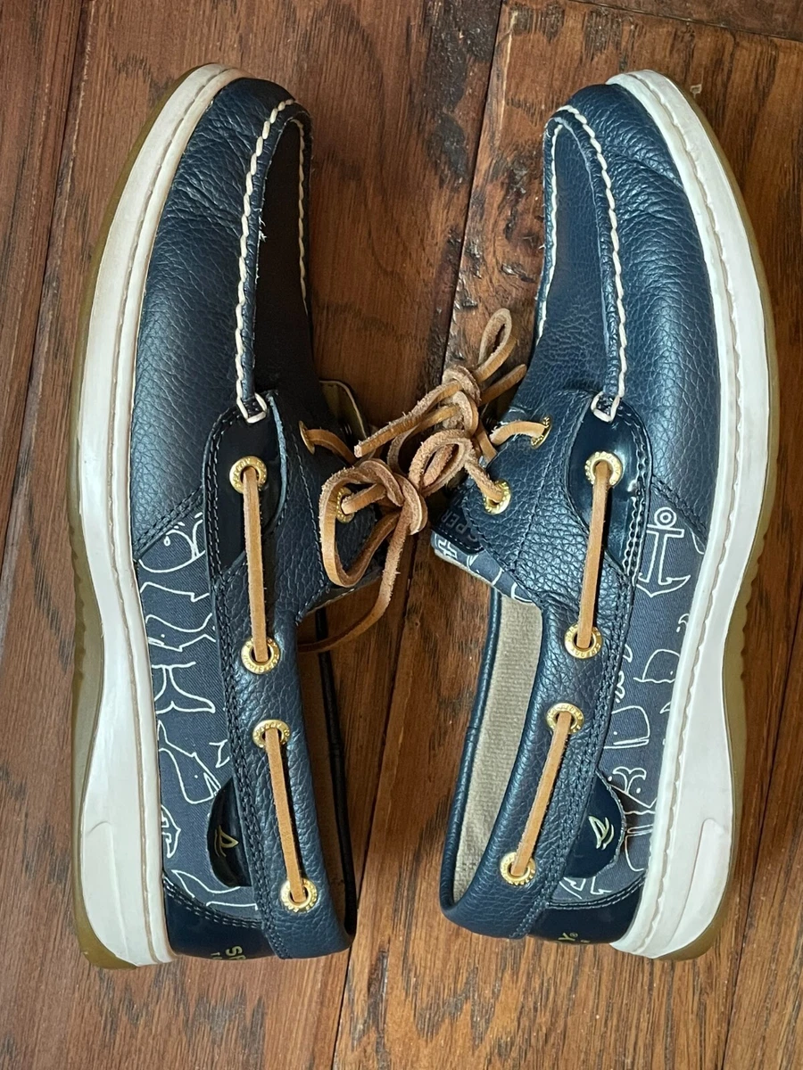 Navy Blue Leather Whale and Anchor Print Sperry Top Siders Size 7M
