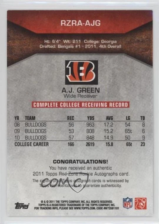 2011 Topps Red Zone Rookie Auto /100 AJ Green #RZRA-AJG Auto RC - Image 2 of 2