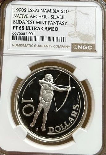 1990 Namibia $10 Native Archer NGC PF68 Budapest Mint Silver