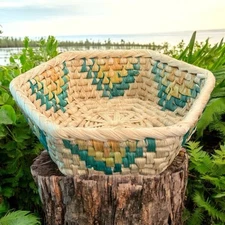 Vintage Woven Multicolor Basket Bowl Catch All Boho Decor Pueblo Design