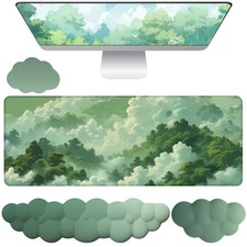 Green Cloud Mouse Pad and Keyboard Wrist Rest 4PCS Extended Forest Mountain A...