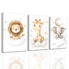 Safari Baby Room Decor Yellow Nursery Wall Art Set of 3 Cute Lion Elephant Giraf