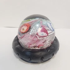 Vtg Glass Millefiori Scrambled Paperweight Murano? Italy Latticino W/Stand 