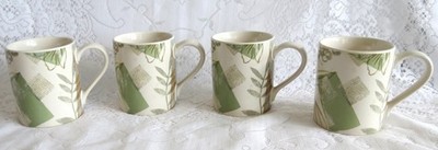 4 CORELLE COORDINATES TEXTURED LEAVES 12oz STONEWARE MUGS - GREEN GRAY BROWN EUC