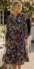 Talbots M L Navy Floral Midi Dress Ruffle Neck Long Sleeve Garden Party Wedding
