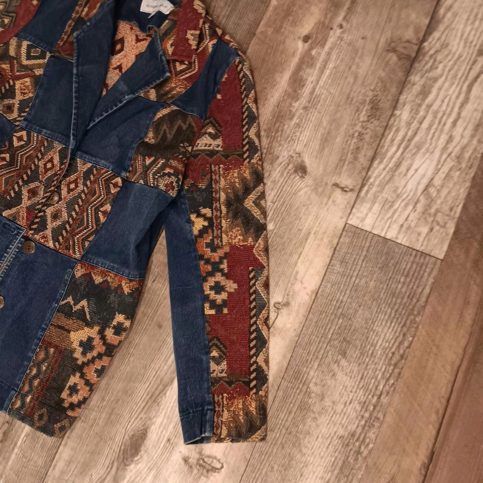 Vtg Western Denim Patchwork Blazer Jacket Aztec B… - image 2