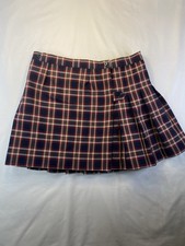 Girls Navy Red White Plaid Pleated Short Skirt Button Closure 26 in Waist
