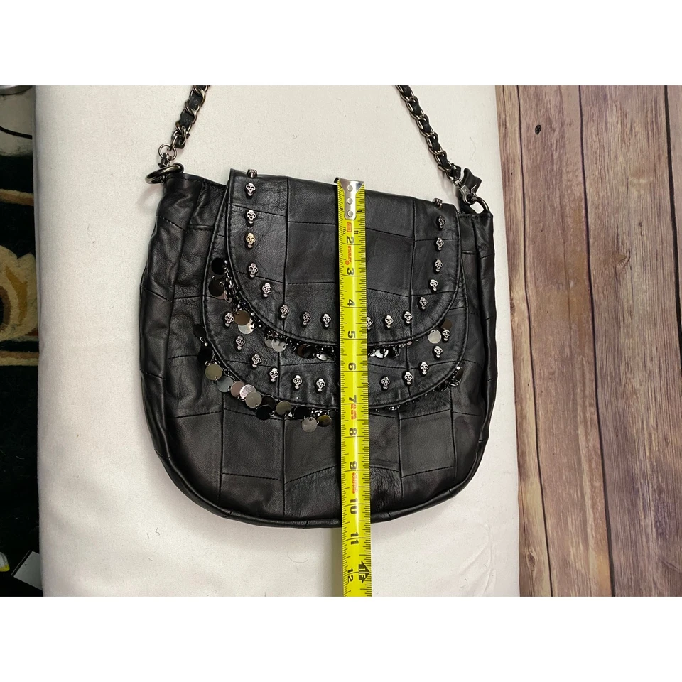 Black Leather Skull Shoulder Bag with Beaded Fringe Detail Boho Style - Image 2 of 4