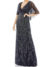 Mac Duggal Midnight Navy Blue Sequin Beaded Cape Sleeve V Neck Formal Gown Sz 2