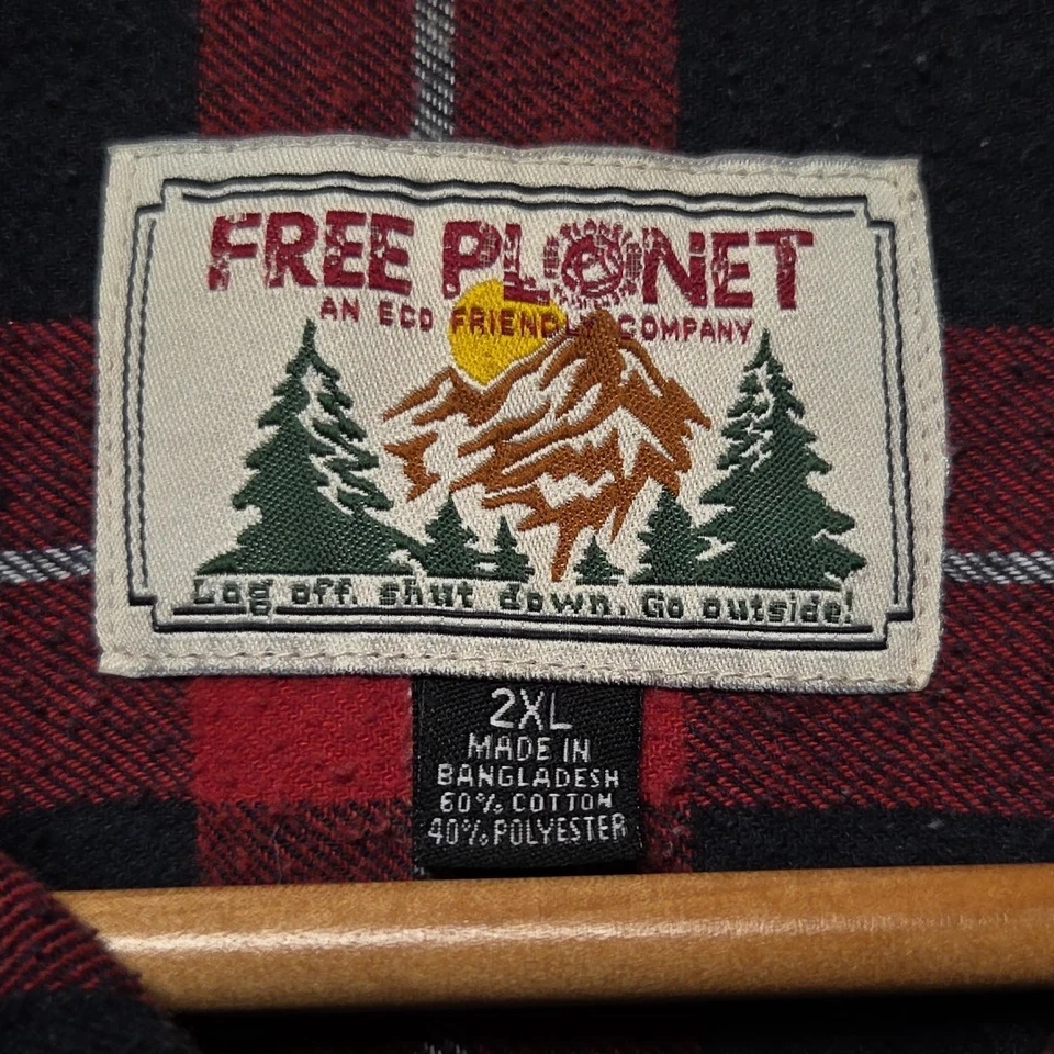 Free Planet Flannel Button Up Shirt Long Sleeve Cotton Red Plaid Men's Size XL - Image 3 of 4