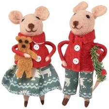 Primitives by Kathy Christmas Day Felt Mice Set 2 Critter Holiday Mouse Ornament