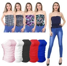 Women Ladies Plain Ruched Boob Tube Vest Top Sleeveless Shirt Bandeau Strapless