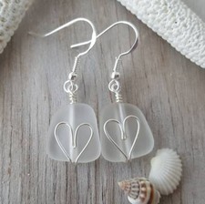 Made in Hawaii, Wire wrapped heart Crystal sea glass earrings, gift