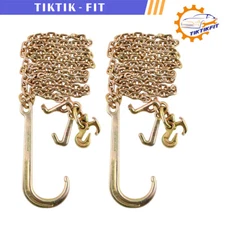 2PCS 5/16" X 10' G70 Flatbed Truck Transport Tow Chain J Hook Shank w/ Grab Hook