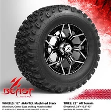 4x GOLF CART 12" MACHINED 'MANTIS' WHEELS and 23"x10.5"-12" ALL-TERRIAN TIRES