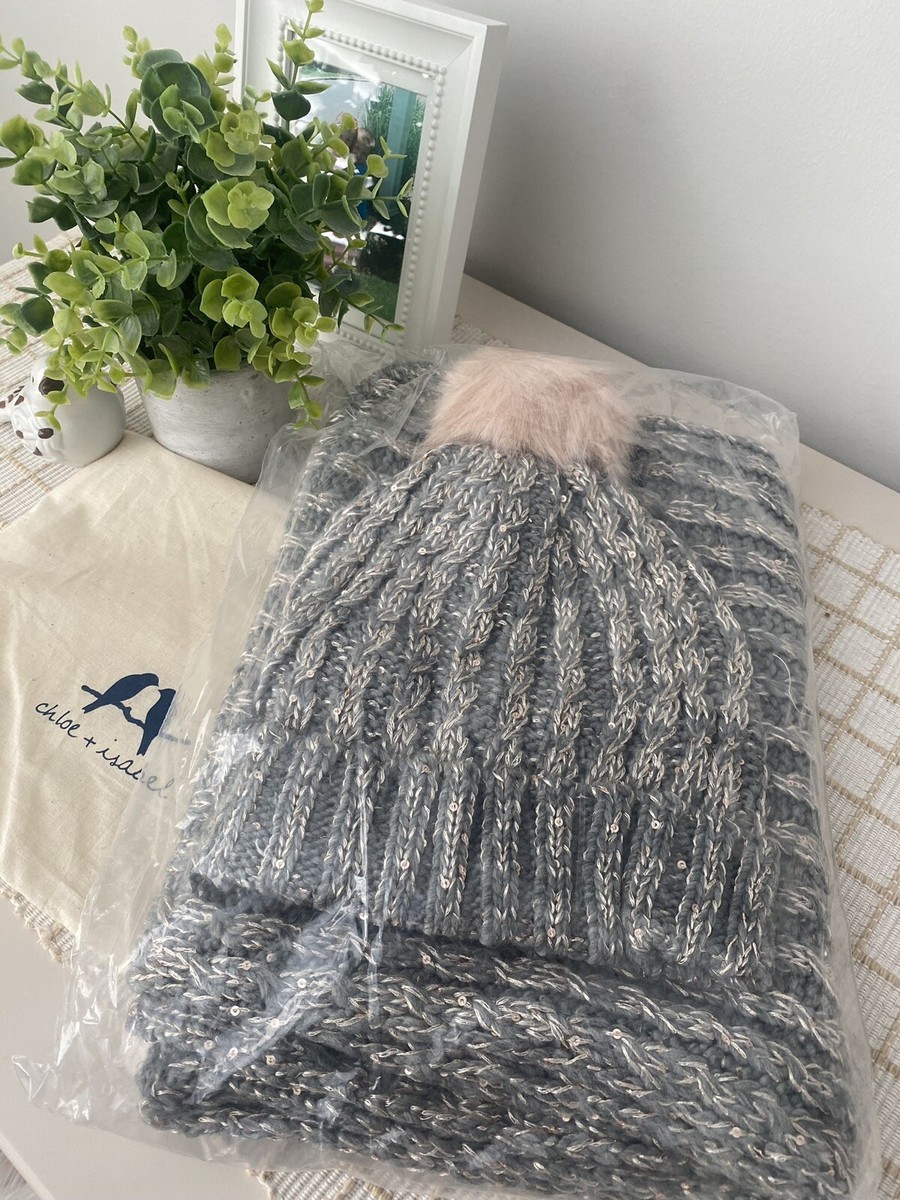 Chloe + Isabel Scarf & Pom Pom Hat Set Gray W/Pink Scarf Is  display picture 2