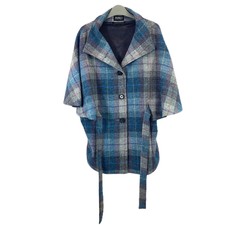Peter James Blue & Grey Plaid Harris Tweed Pure Wool Cape Jacket Uk M