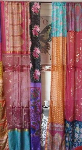 2 Pcs Indian Sari Patchwork Curtain Drape Window Decor Multi Silk Sari Curtain - Picture 4 of 5