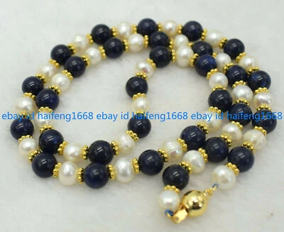 Hübsch 7-8mm Weiße Süßwasser Perle & 8mm Blau Lapislazuli Halskette 16-36" - Bild 1 von 4