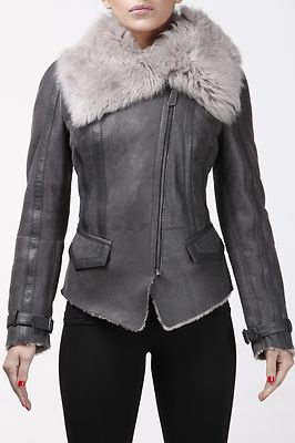 Damen Kurz Biker Echt Lammfell Aviator Toskana Fliegerjacke Grau