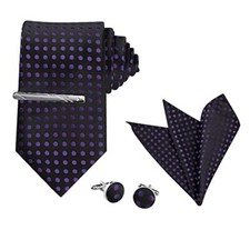 Men's Polka Dots Self-tied Tie Handkerchief Clip One Size Black Purple