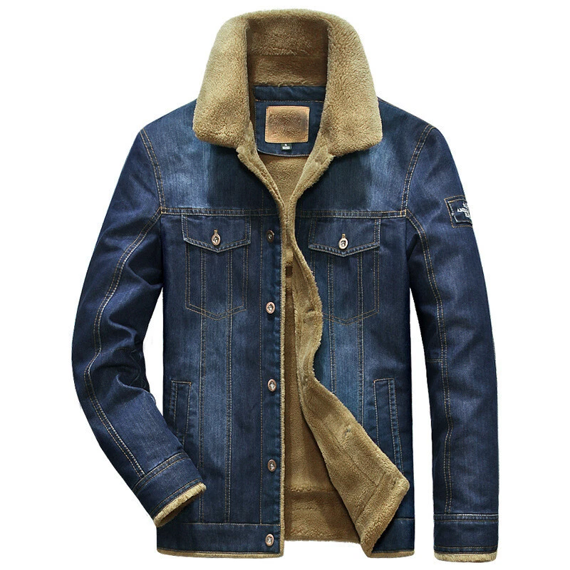 Men's Jacket Winter Retro Thickened Cotton Blend Jacket Wool Collar Denim Coat