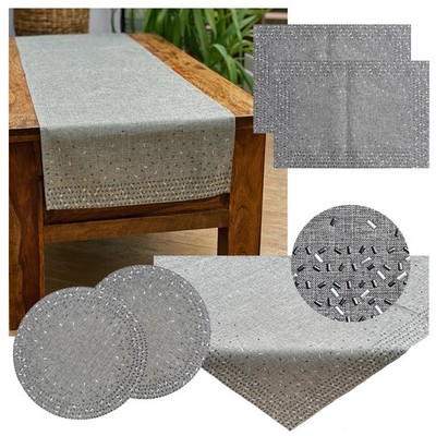 Tischdecke Tischläufer Platzset Grau Silber Nieten Applikation Tischdeko Typ712