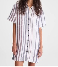 Madewell Linen-Cotton Shirt Dress Sz Medium Coastal Stripes Pockets Beach Resort