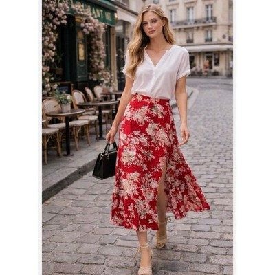 Sezane Tabata skirt midi red floral size 36 S 100% viscose DRM