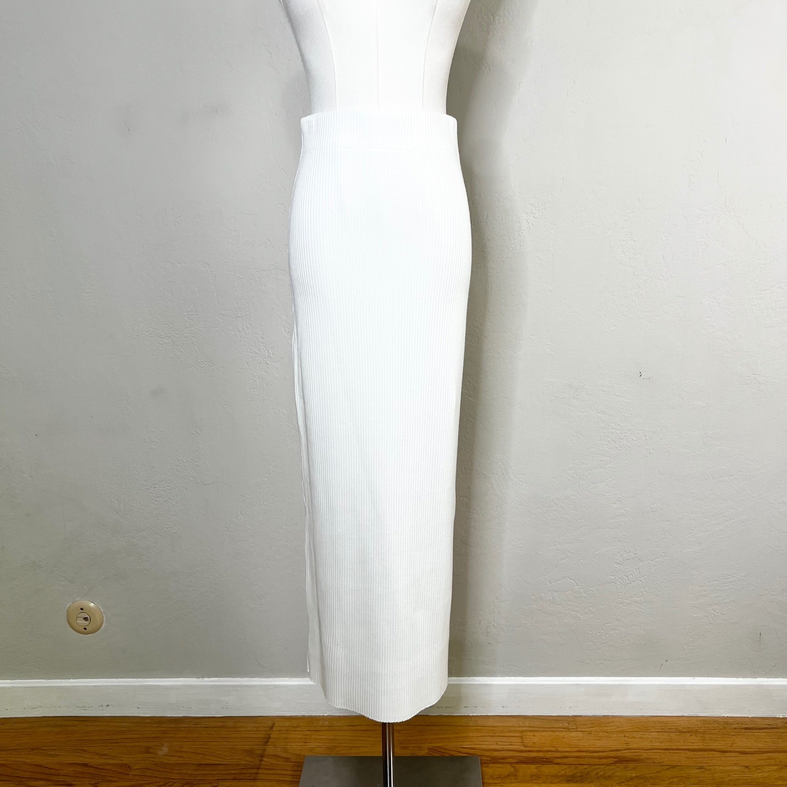 Vince Midi Skirt Ribbed Pencil White Pull On Sweater Knit Cotton Blend Size S-image