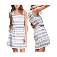 Madewell Striped Overlay Linen Blend Dress Cream Blue NWT